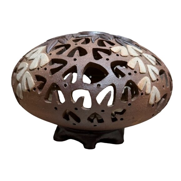 Studio Pottery Candle Tea Light Holder Floral Cutouts Clay Signed Jerry Conrad - Picture 4 of 7